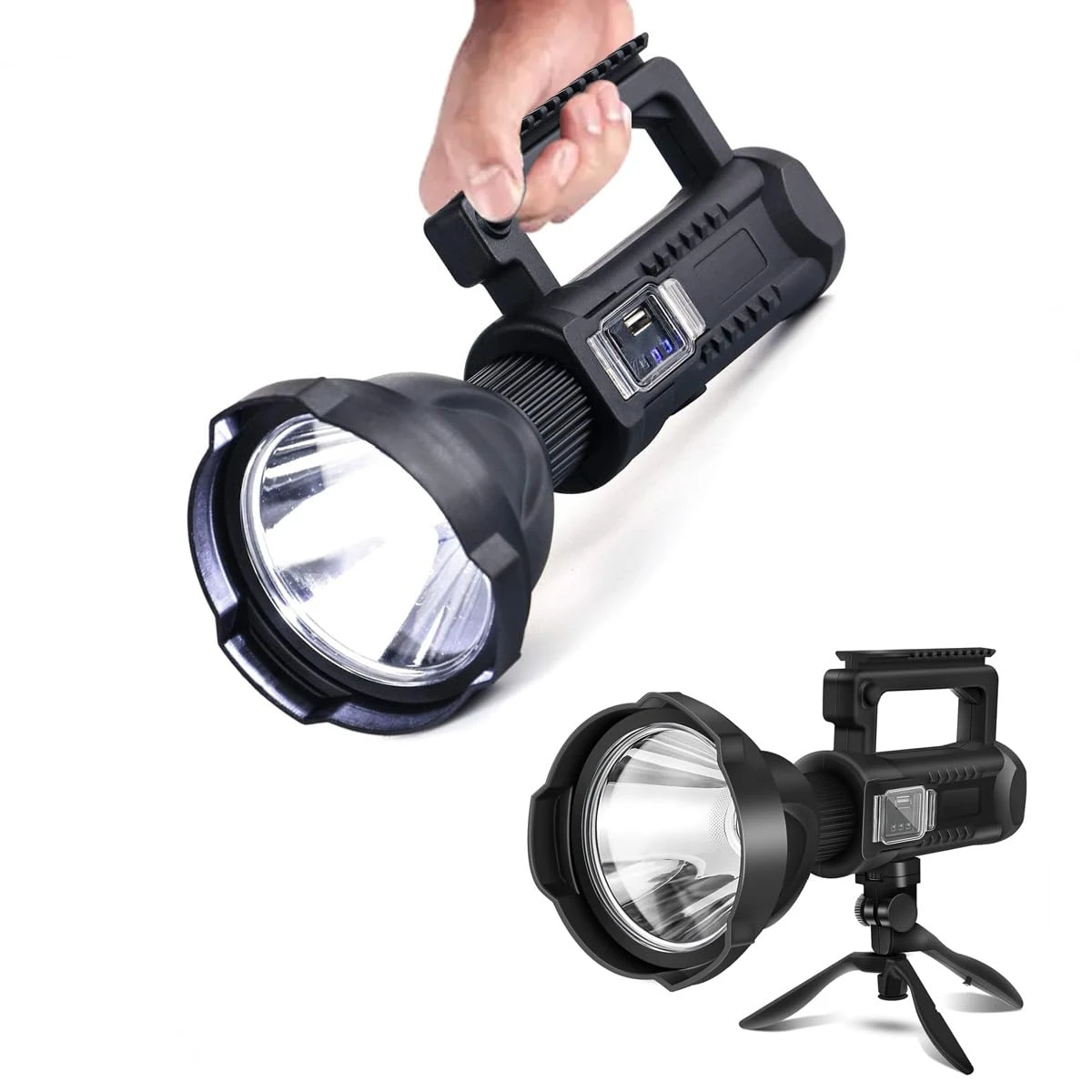 كشاف يدوي LED احترافي مقاس كبير (Searchlight / Spotlight) عالي السطوع وقابل لإعادة الشحن